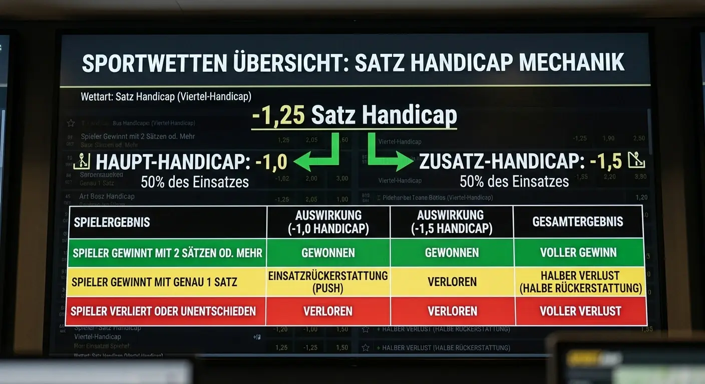 Viertel-Handicap-Linien beim Tennis: Einsatz wird auf zwei angrenzende Linien aufgeteilt für Teilabsicherung