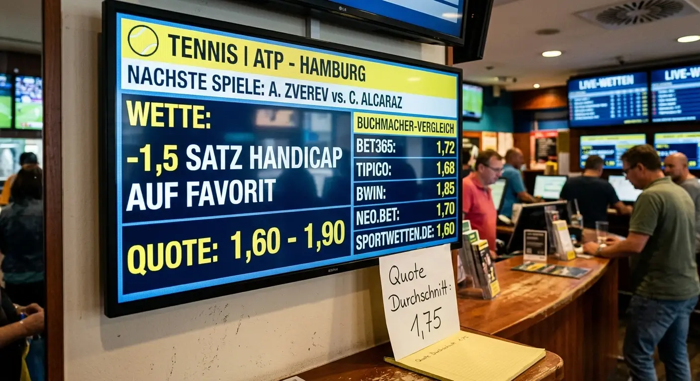 Satz-Handicap -1,5 Linie beim Tennis: typische Quoten zwischen 1,60 und 1,90 bei dominanten Favoriten