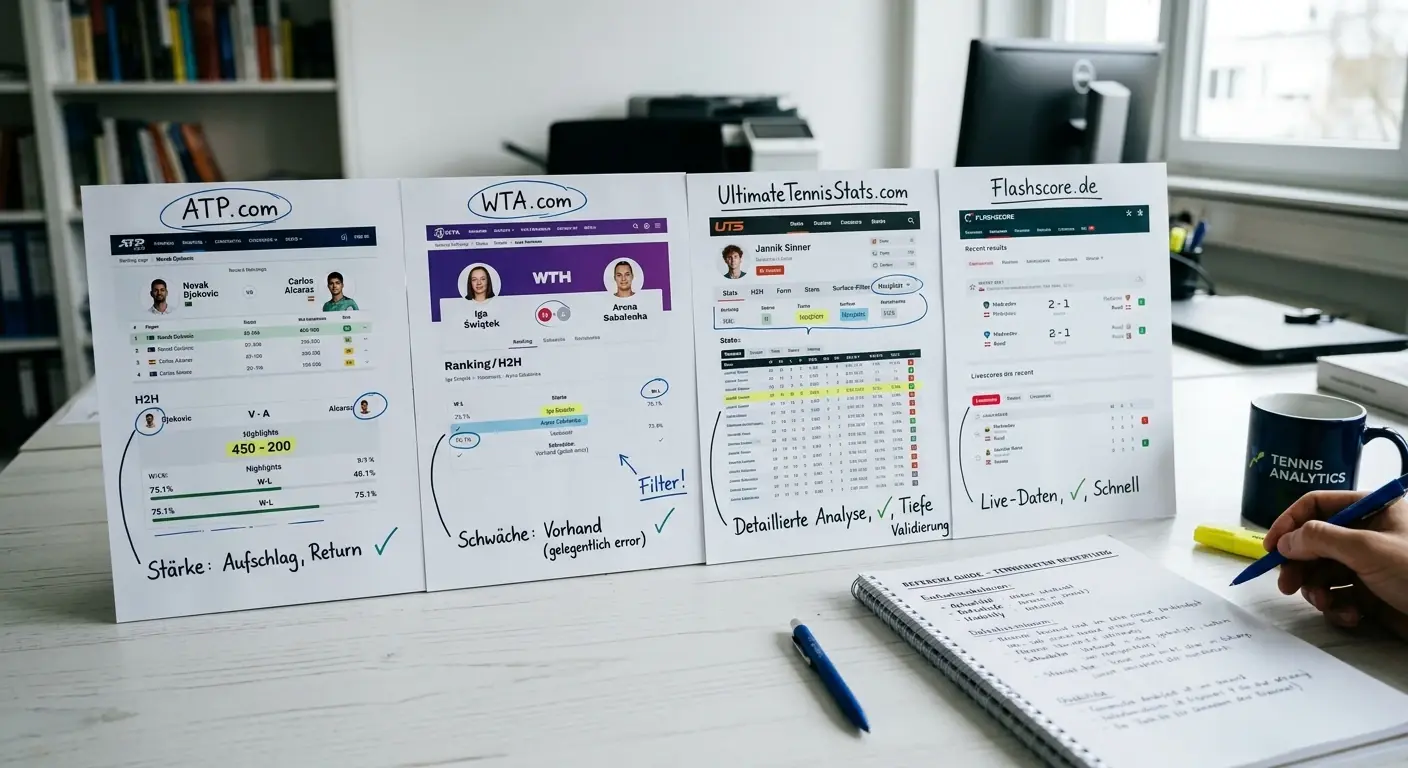 Statistikquellen für belagsbereingte Tennis H2H Analyse: ATP WTA UltimateTennisStats im Vergleich