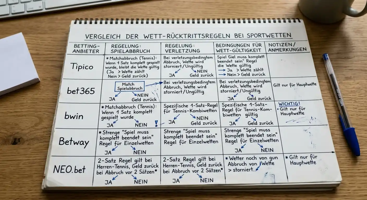 Vergleich der Anbieter-Regelungen für Spieleraufgaben bei Tennis Handicap Wetten im deutschen Markt