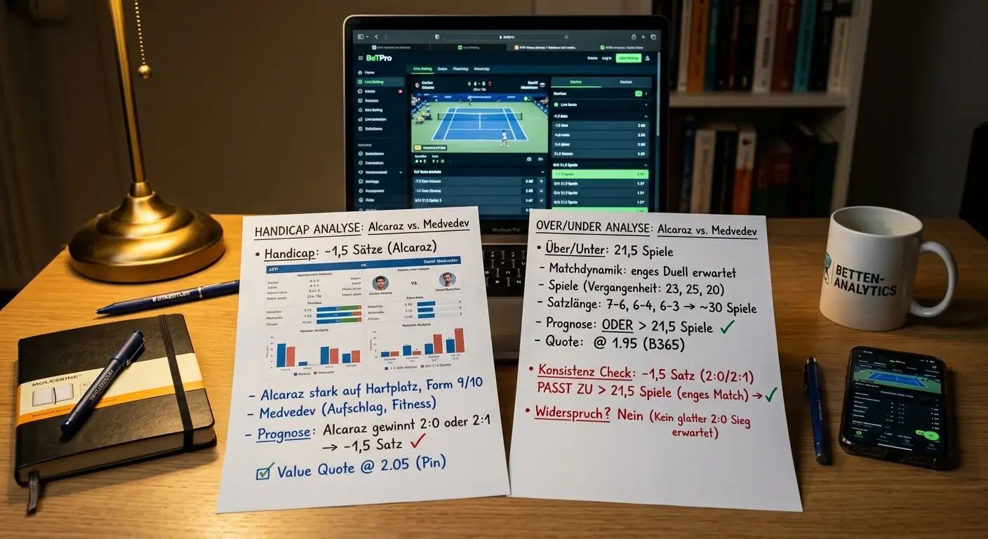 Kombination von Handicap und Over/Under Märkten für vollständigeres Tennis Match-Bild