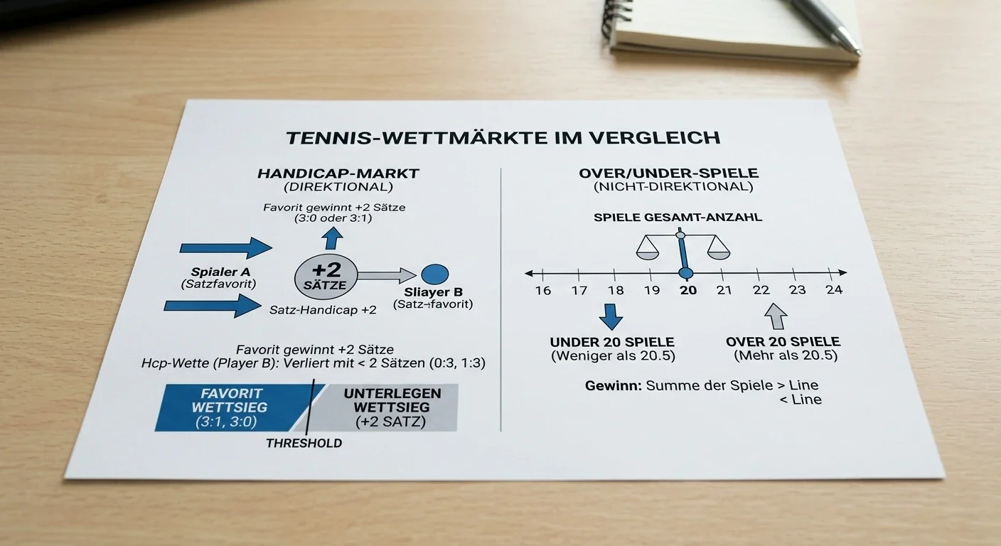 Direkter Vergleich Handicap-Markt und Over/Under-Markt beim Tennis mit verschiedenen Analyseaussagen