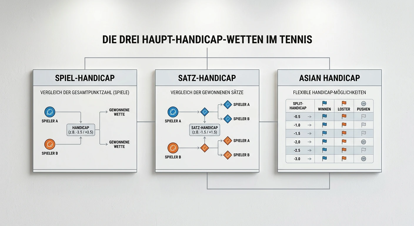 Überblick der drei Tennis Handicap-Typen: Game-Handicap, Satz-Handicap und Asian Handicap im Vergleich